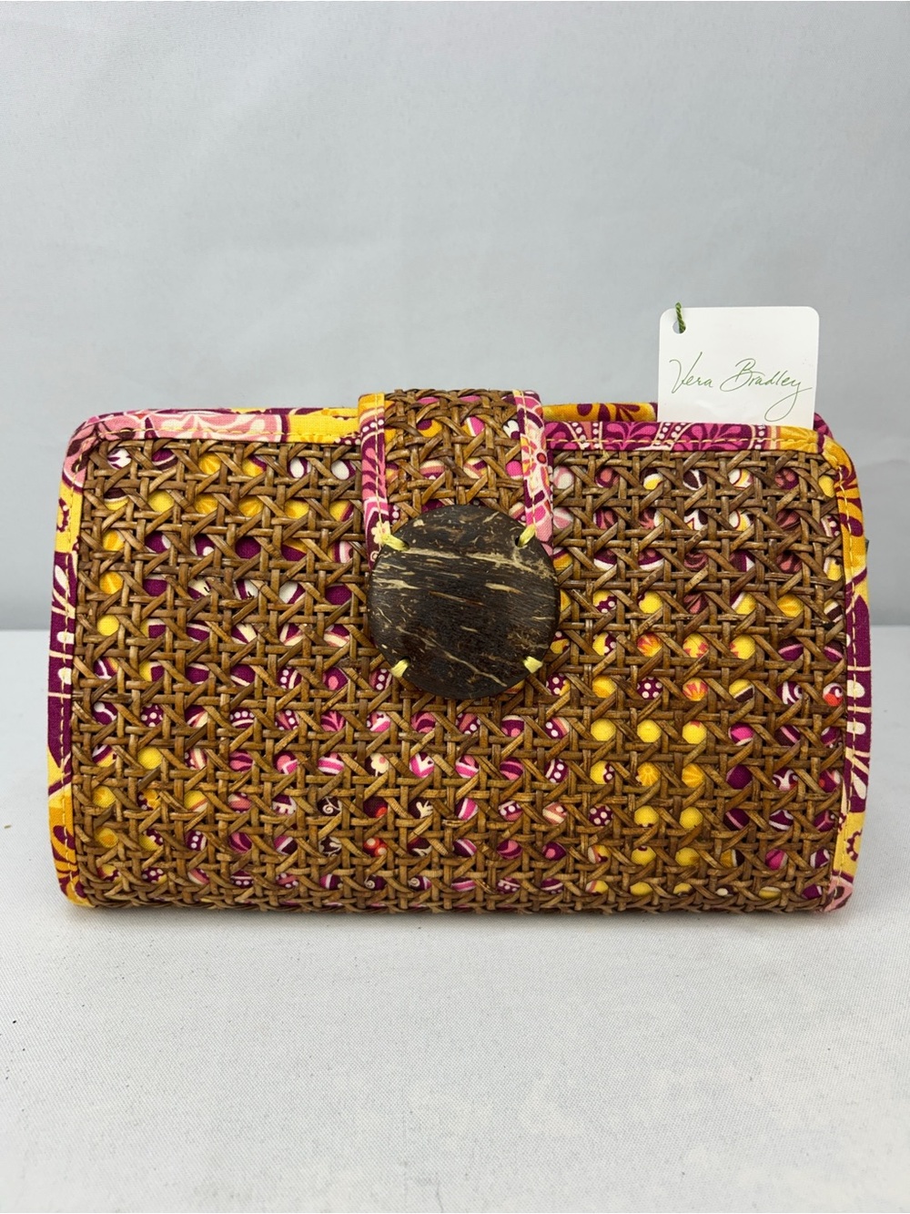 Vera Bradley Brown Woven Rattan Clutch with Pink and Yellow Trim